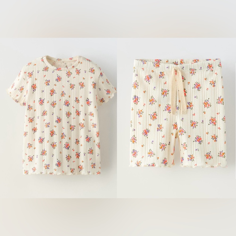 Zara Kids neon floral drop stitch t-shirt & pointelle cycling shorts, 18m